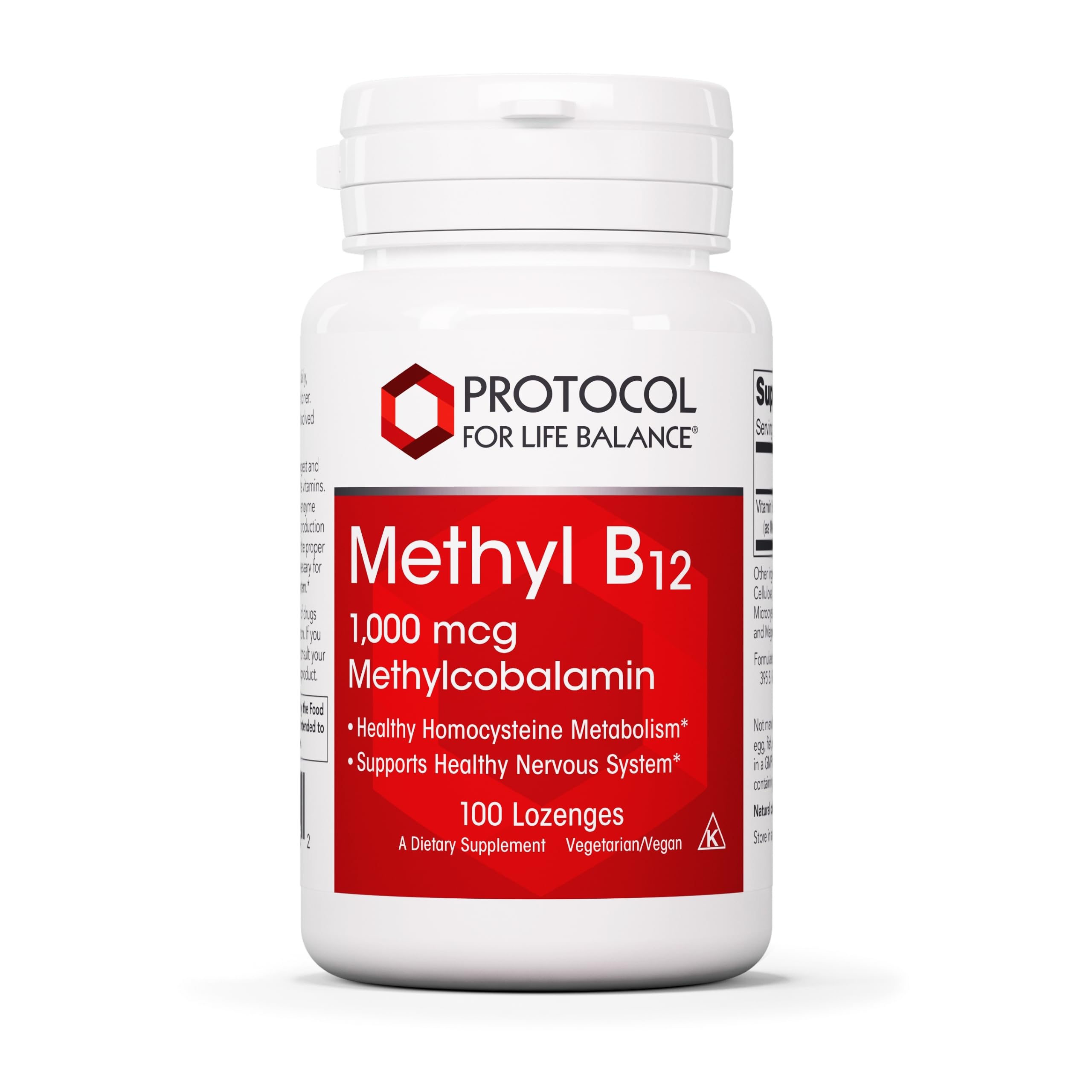 Protocol for Life Balance methyl B12 lozenge bottle shows 1,000 mcg for brain support.