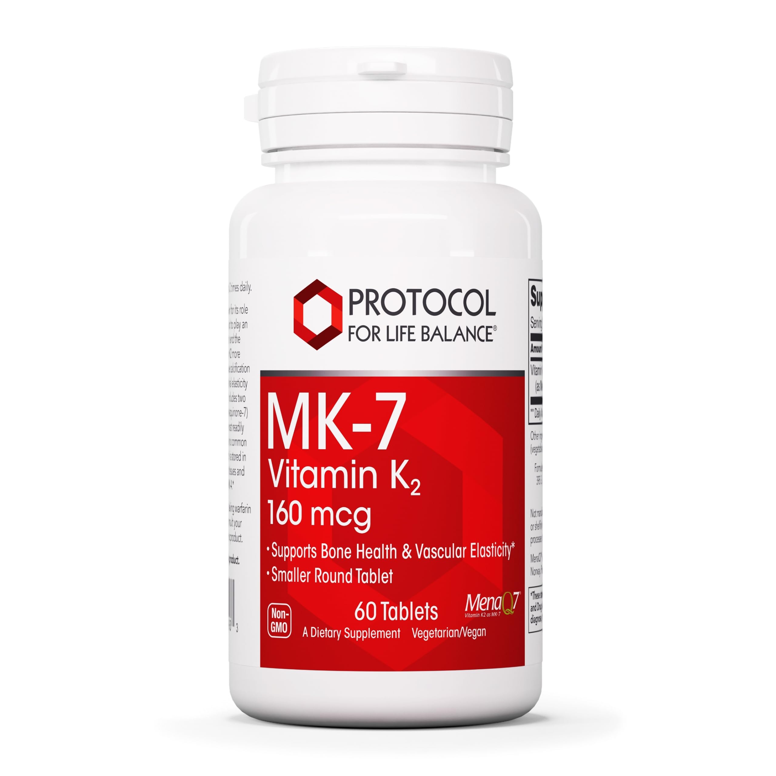 PROTOCOL FOR LIFE BALANCE MK-7 bottle label highlights vegan, non-GMO bone support.