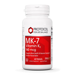 PROTOCOL FOR LIFE BALANCE MK-7 bottle label highlights vegan, non-GMO bone support.