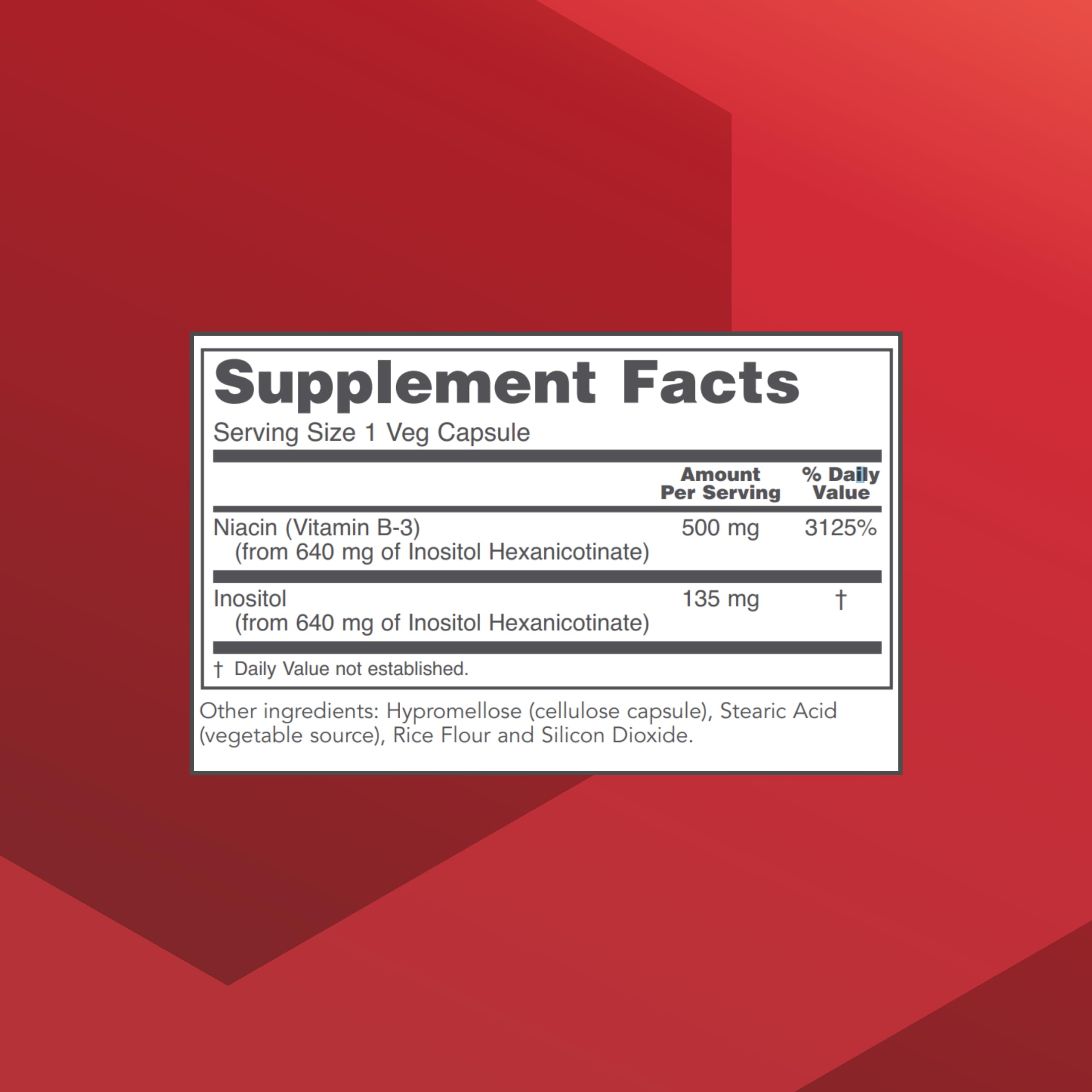 Niacin 500mg capsules close-up showing no-flush formula for comfortable use