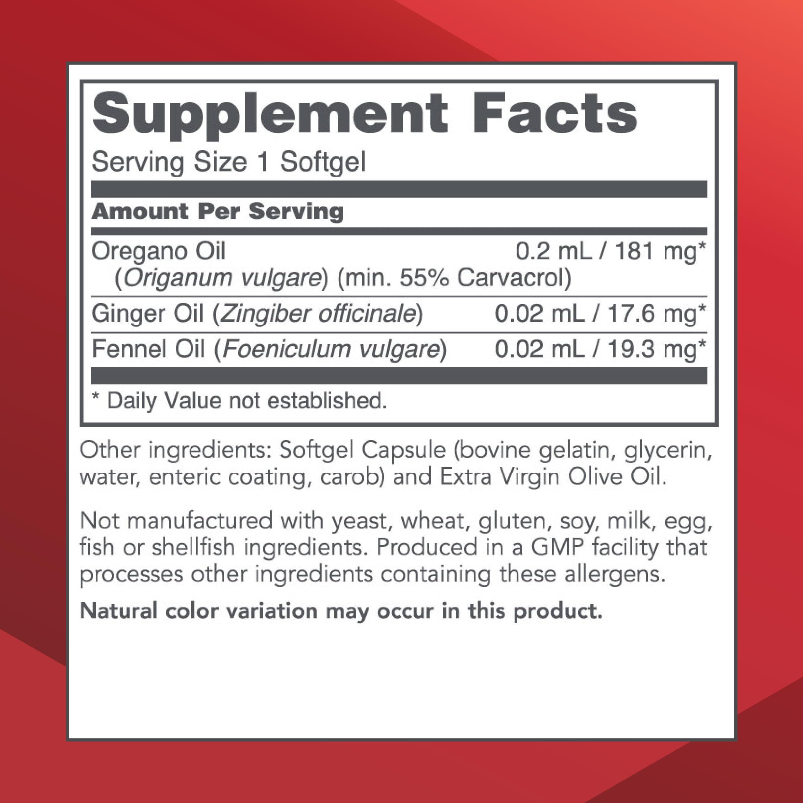 Oregano oil softgels with ginger and fennel oils shown for flavor and gut support