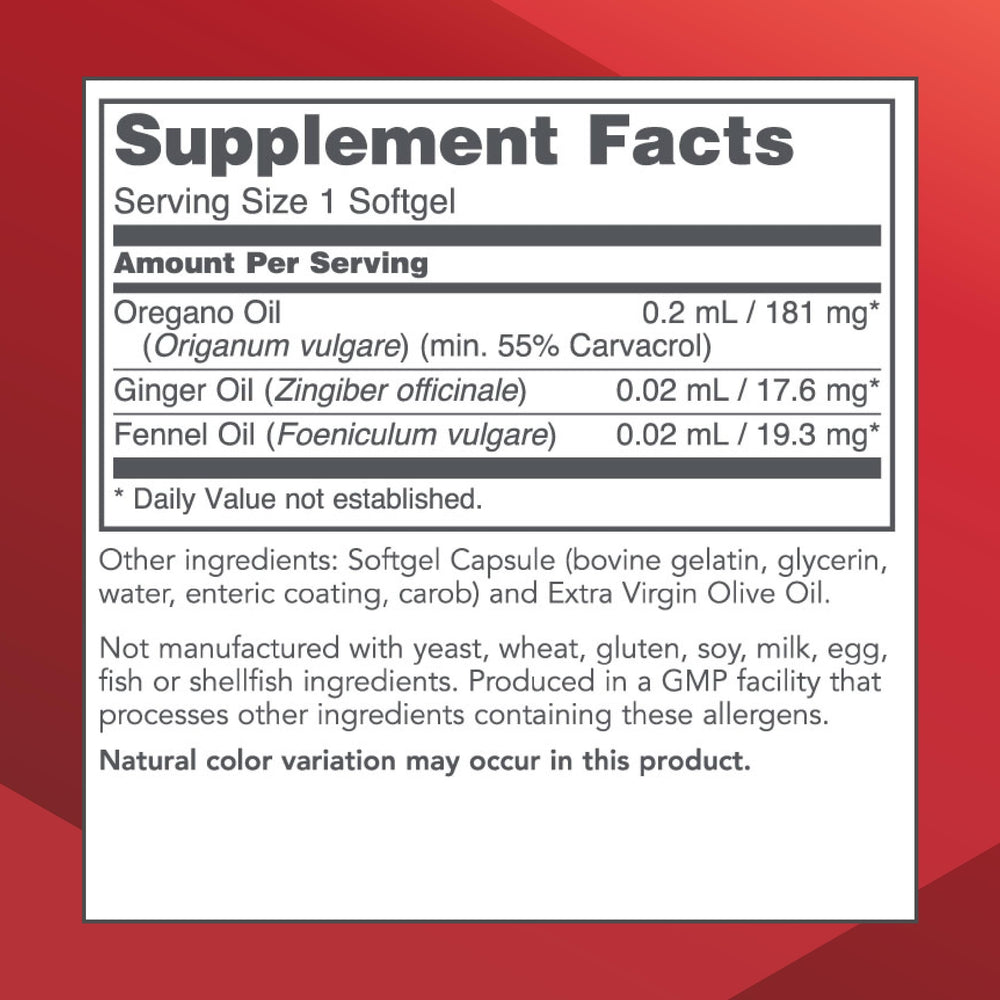 Oregano oil softgels with ginger and fennel oils shown for flavor and gut support