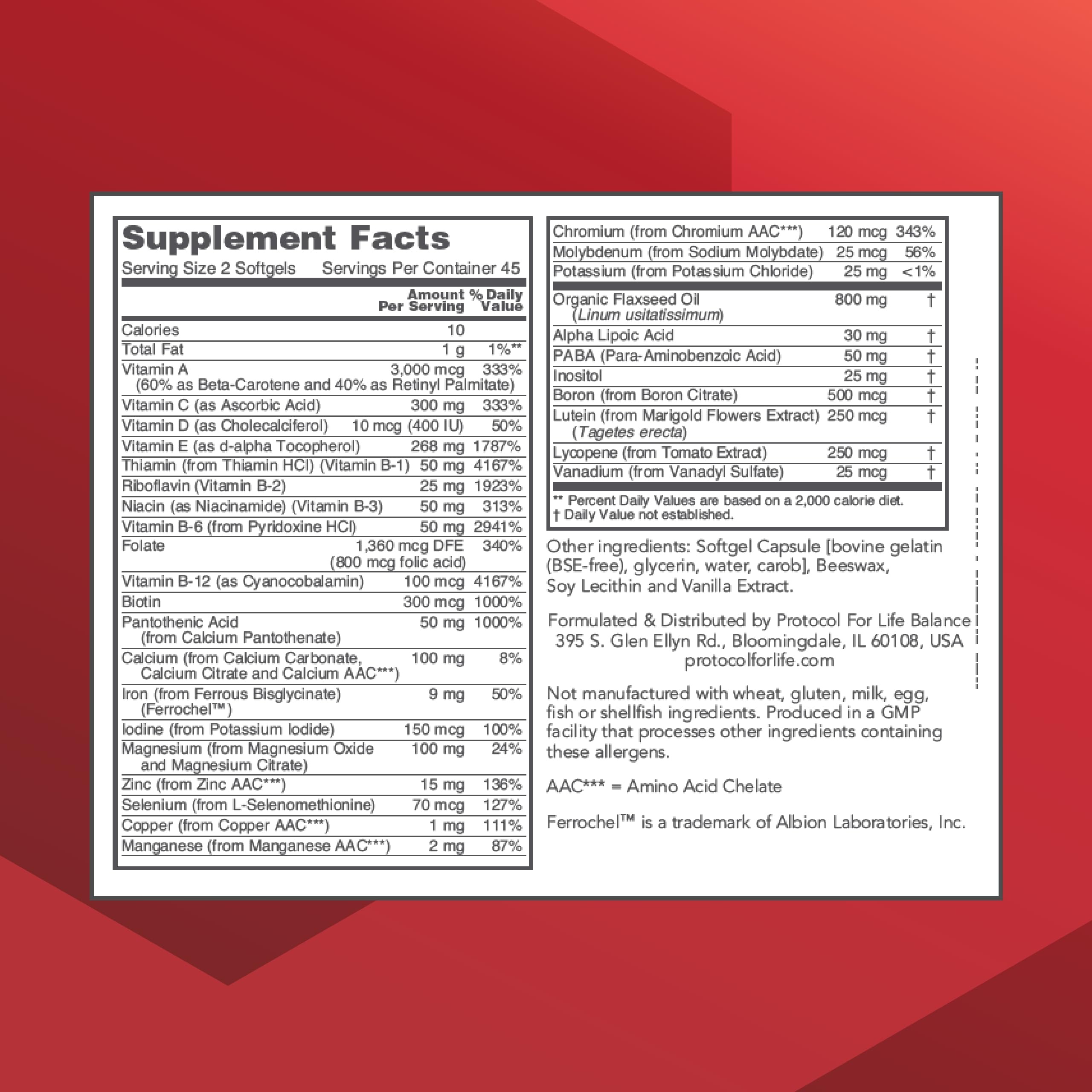 Protocol For Life Balance Ortho Multi bottle back label with ingredients and directions.