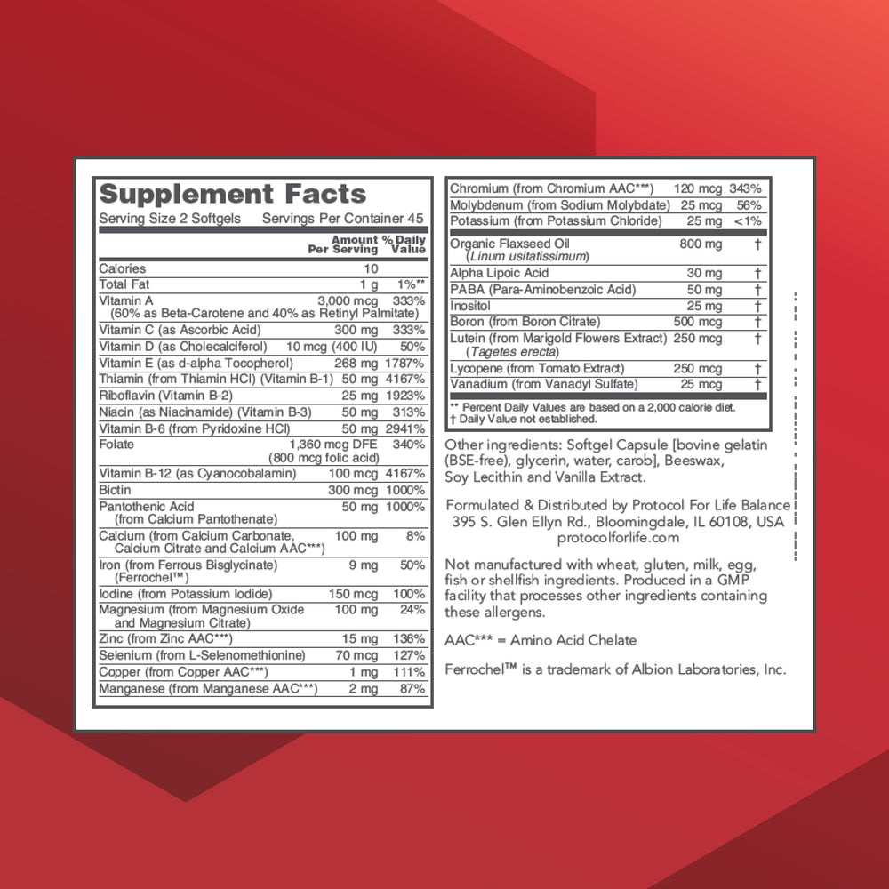 Protocol For Life Balance Ortho Multi bottle back label with ingredients and directions.