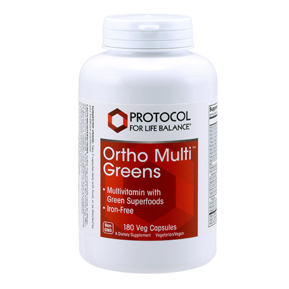 Protocol for Life Balance Ortho Multi Greens bottle with capsules for daily nutrition.