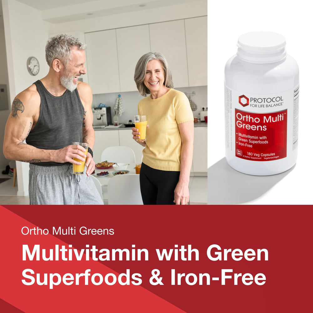 Ortho Multi Greens label highlighting iron-free and non-GMO formulation.