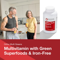 Ortho Multi Greens label highlighting iron-free and non-GMO formulation.