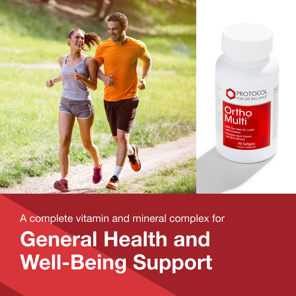 Protocol For Life Balance Ortho Multi softgels closeup showing golden capsules.