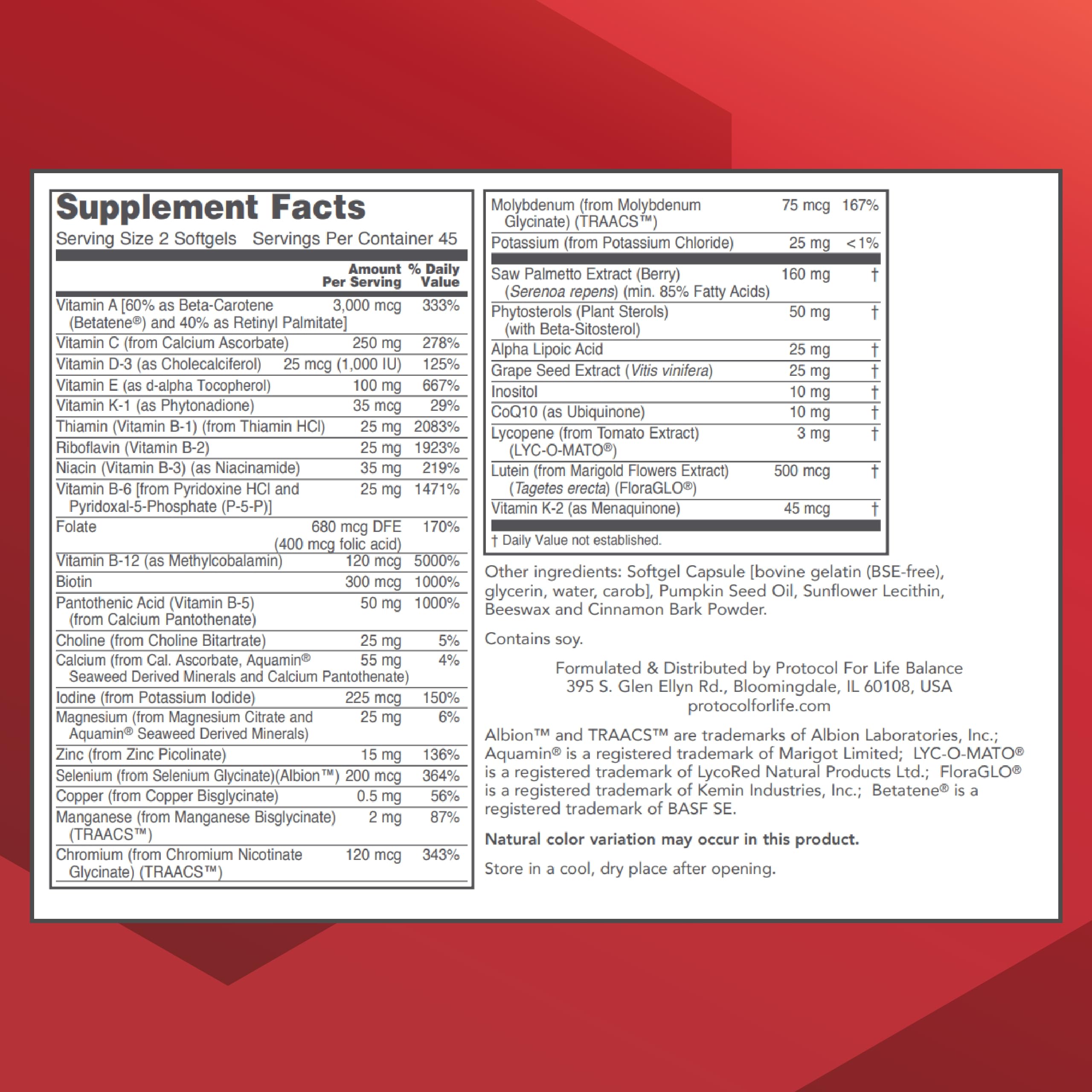 PROTOCOL FOR LIFE BALANCE Ortho Multi label close-up highlighting saw palmetto and zinc for men.