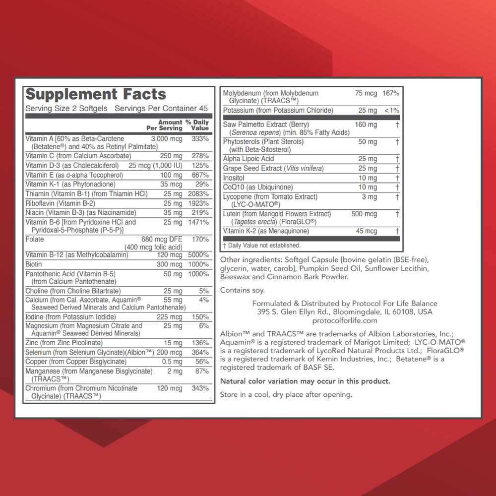 PROTOCOL FOR LIFE BALANCE Ortho Multi label close-up highlighting saw palmetto and zinc for men.