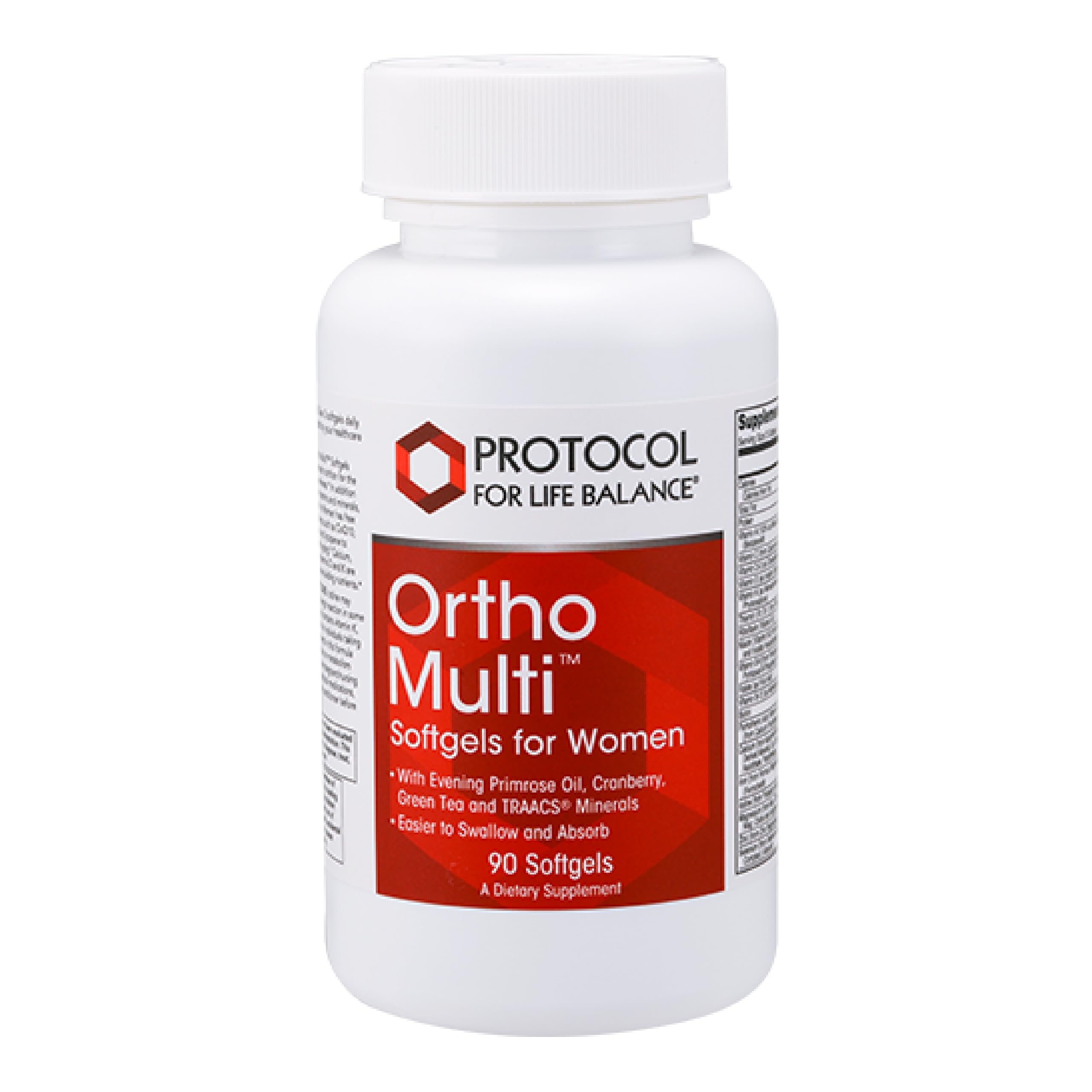 Protocol for Life Balance Ortho Multi Softgels bottle showing full-spectrum nutrients for women.
