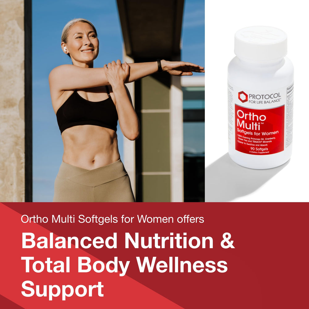 Closeup of Protocol for Life Balance Ortho Multi Softgels capsules.