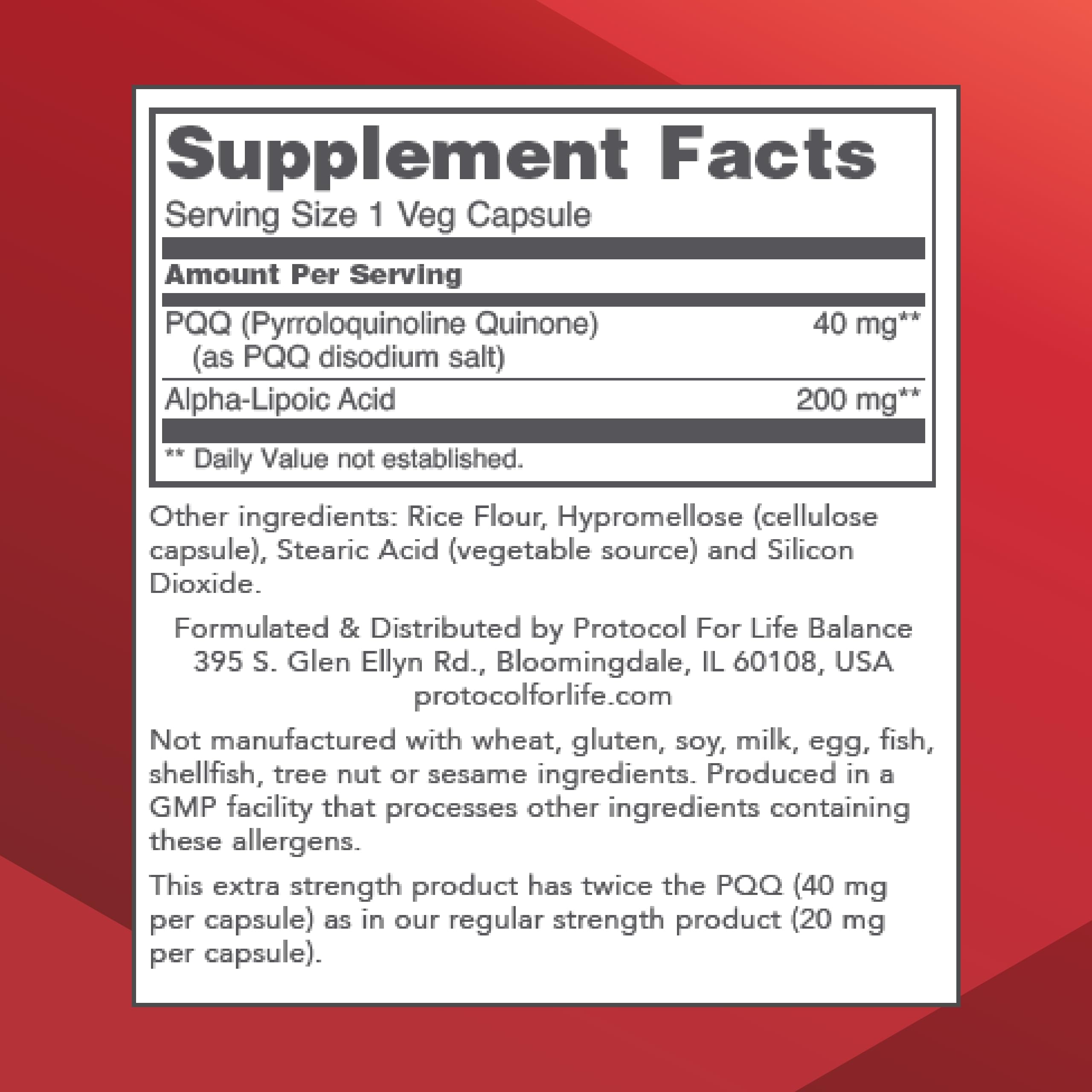 PROTOCOL FOR LIFE BALANCE PQQ 40mg capsules close-up on bottle and label.