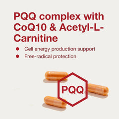PROTOCOL FOR LIFE BALANCE PQQ Complex ingredients panel features PQQ, acetyl-L-carnitine, CoQ10.