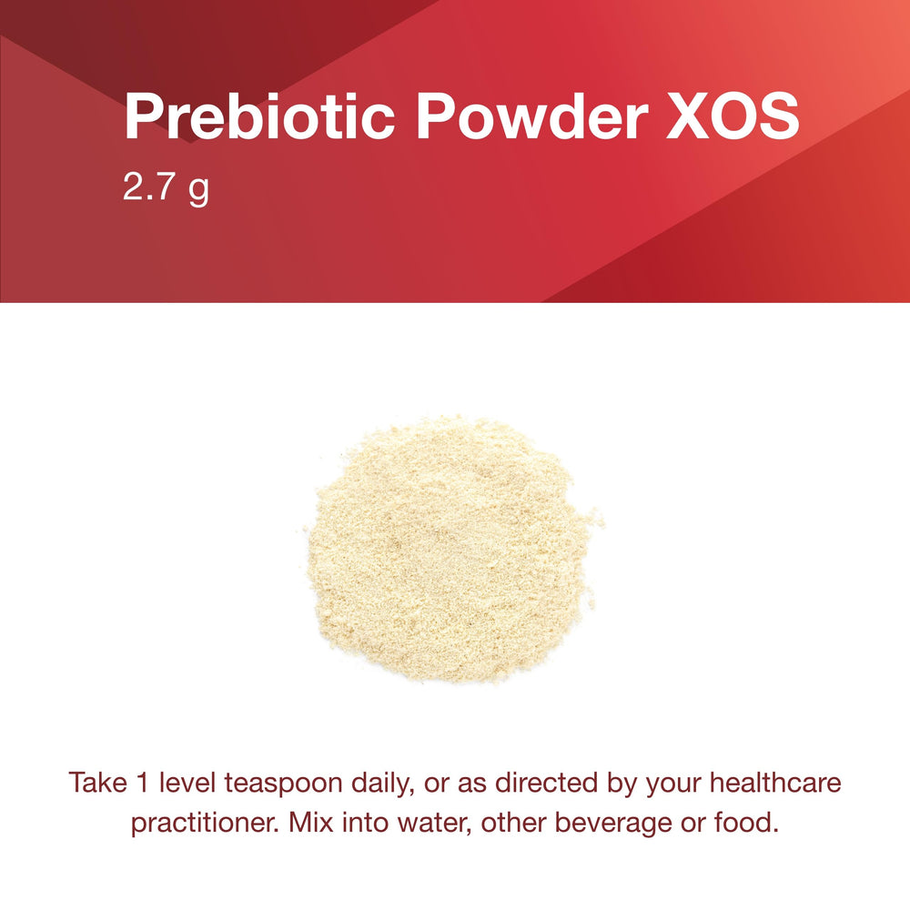 Measuring spoon beside XOS powder indicates precise 1 teaspoon dosing.