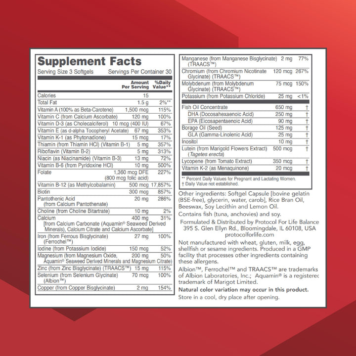 PROTOCOL FOR LIFE BALANCE prenatal DHA capsules are easy to take with meals.