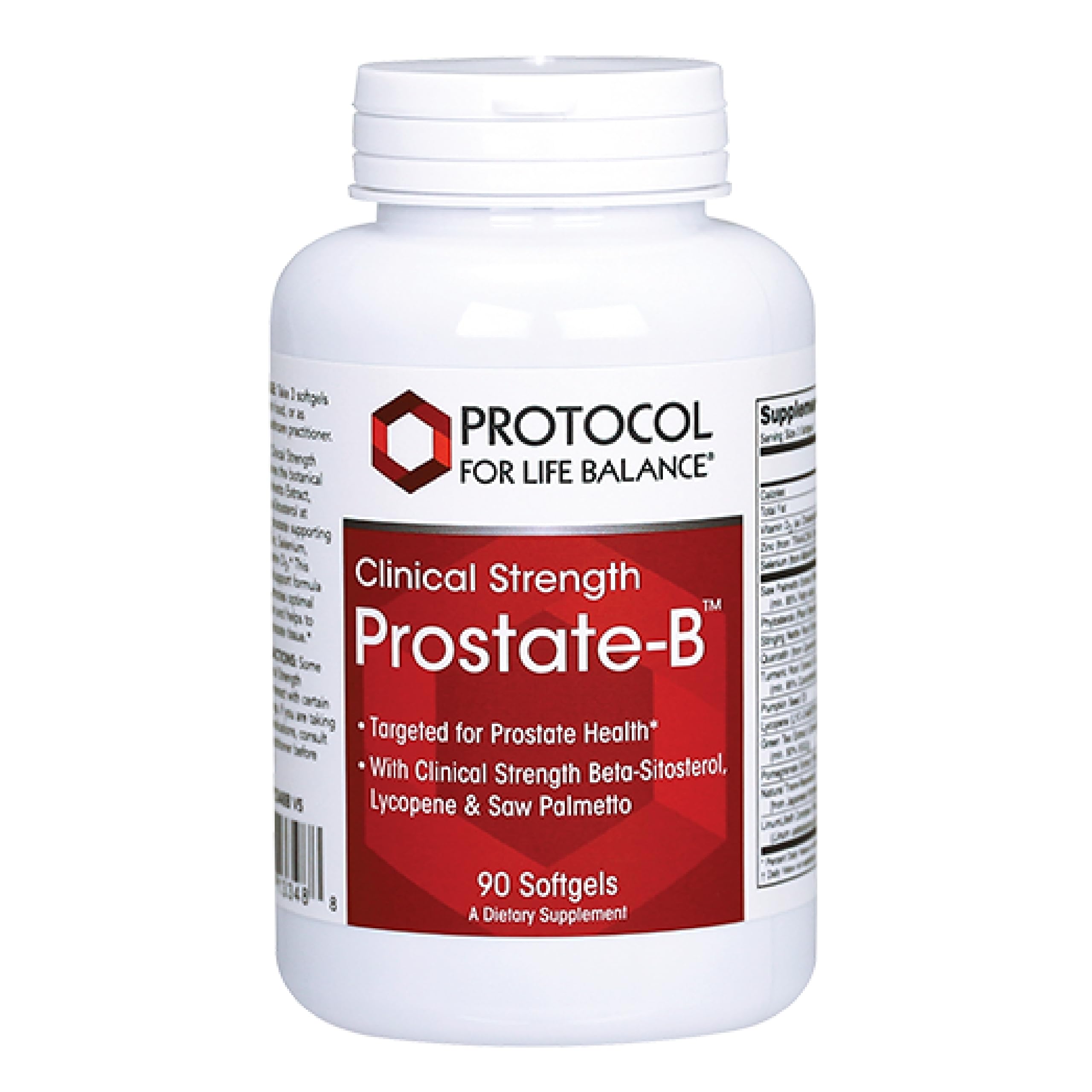 PROTOCOL FOR LIFE BALANCE Prostate-B bottle front highlights beta-sitosterol and lycopene for prostate support.