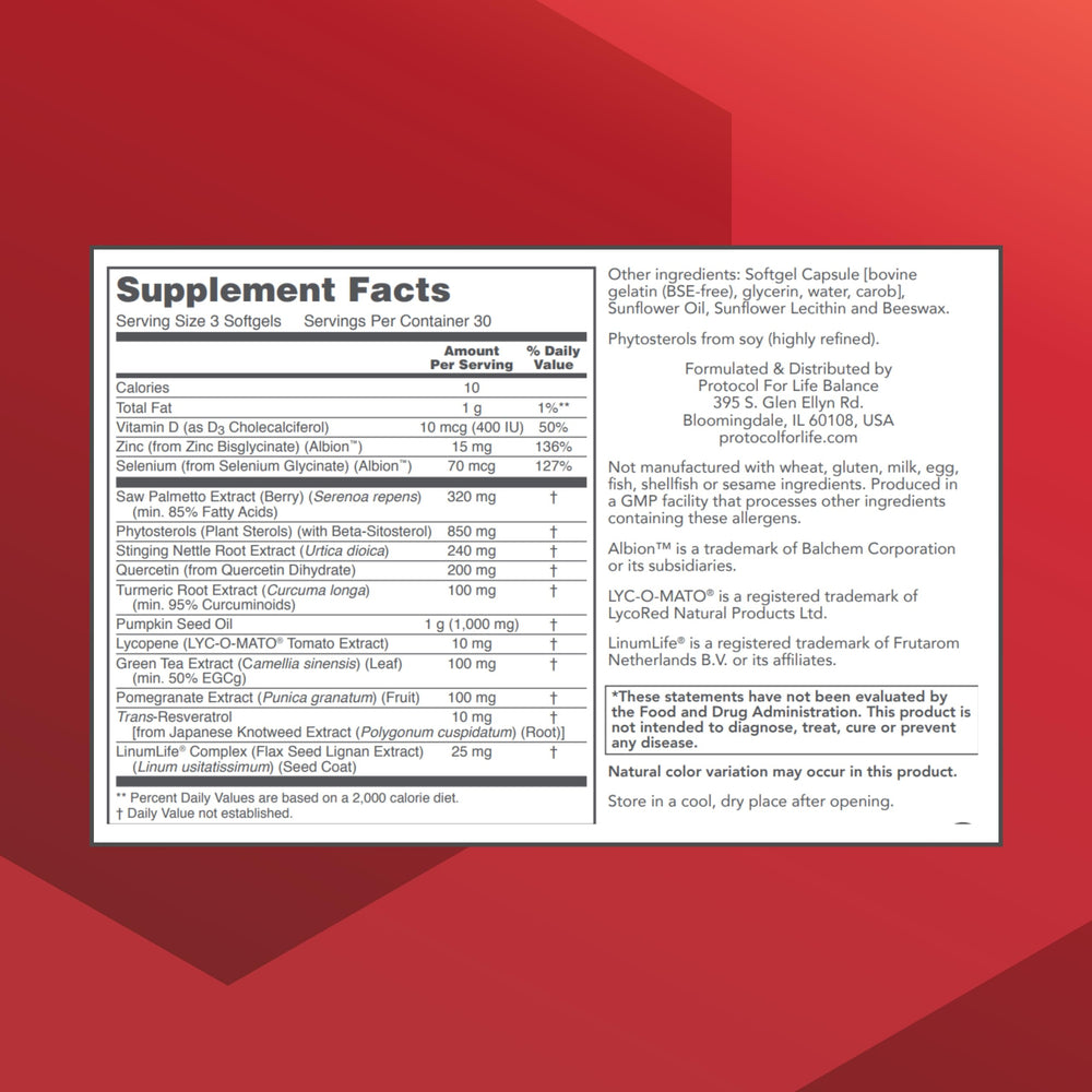 PROTOCOL FOR LIFE BALANCE Prostate-B label close-up shows urinary health support.