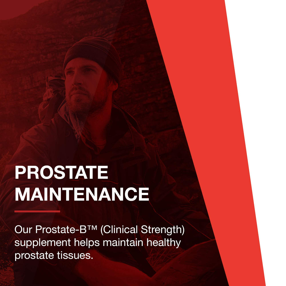 Lifestyle scene with a man taking PROTOCOL FOR LIFE BALANCE Prostate-B during morning routine.