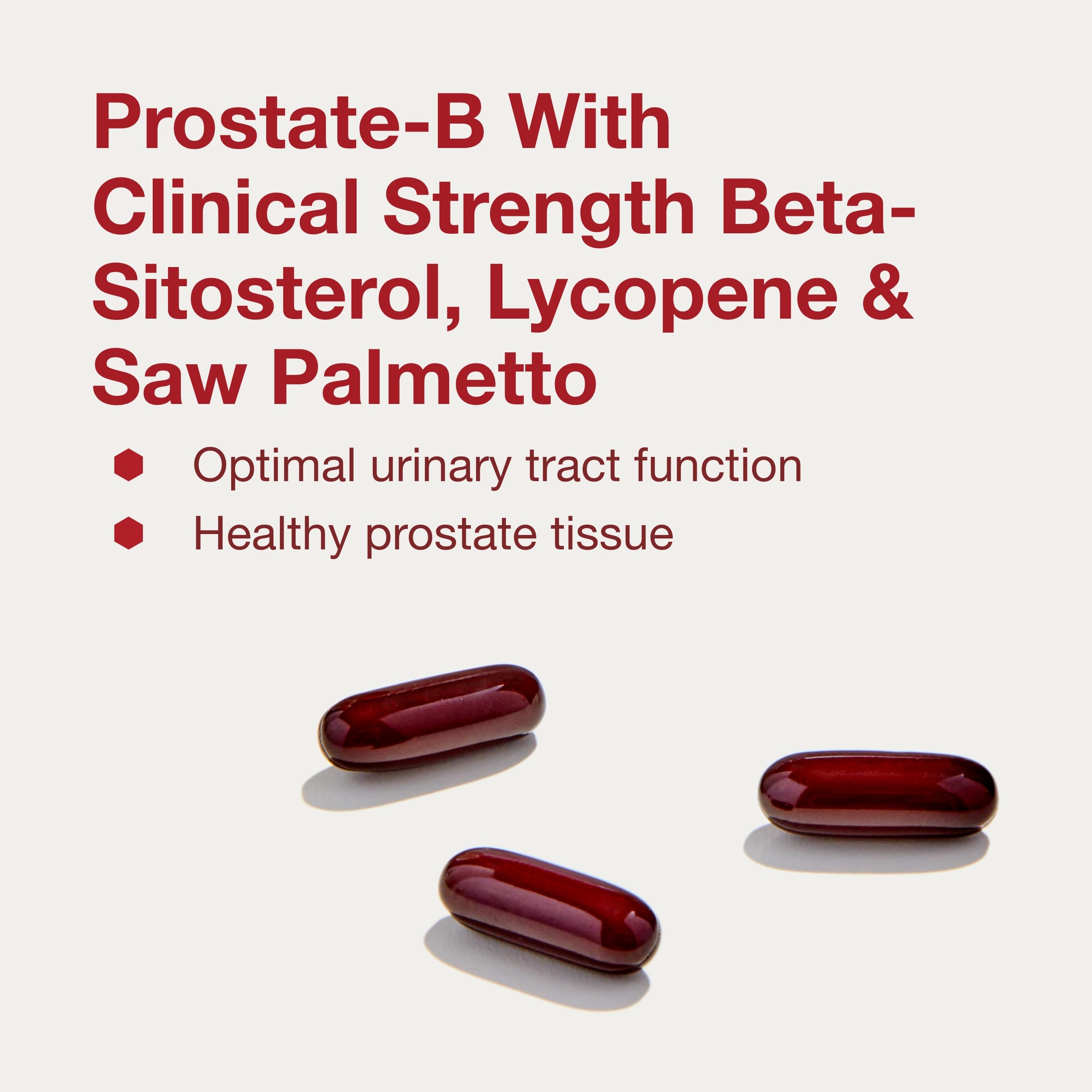 Close-up of beta-sitosterol, saw palmetto, and lycopene ingredients for prostate support.