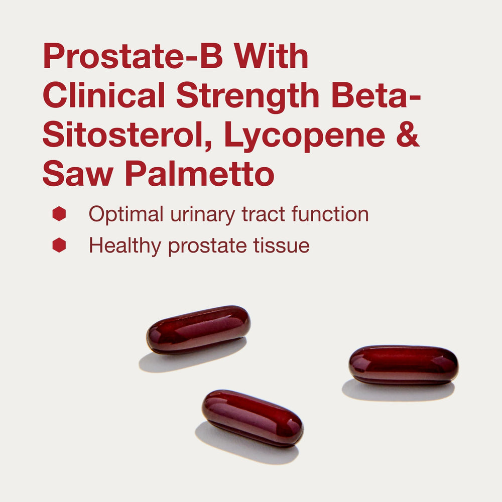 Close-up of beta-sitosterol, saw palmetto, and lycopene ingredients for prostate support.