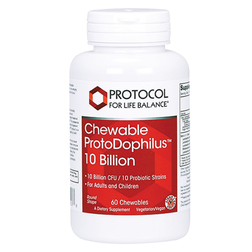 Protocol for Life Balance Proto Dophilus bottle front showing 60 chewables for digestive wellness