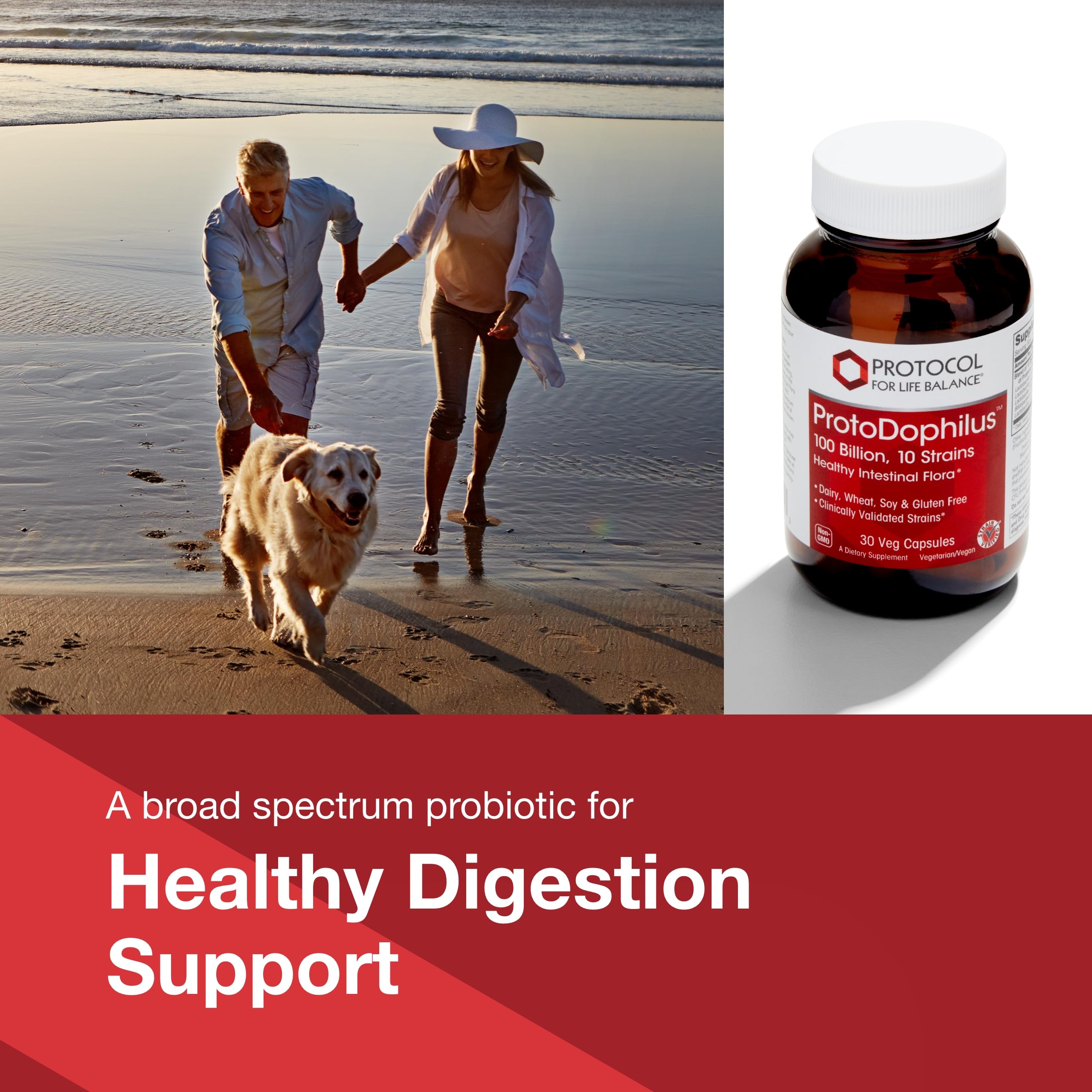 Protocol for Life Balance ProtoDophilus bottle on counter suggests daily routine.