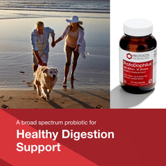 Protocol for Life Balance ProtoDophilus bottle on counter suggests daily routine.