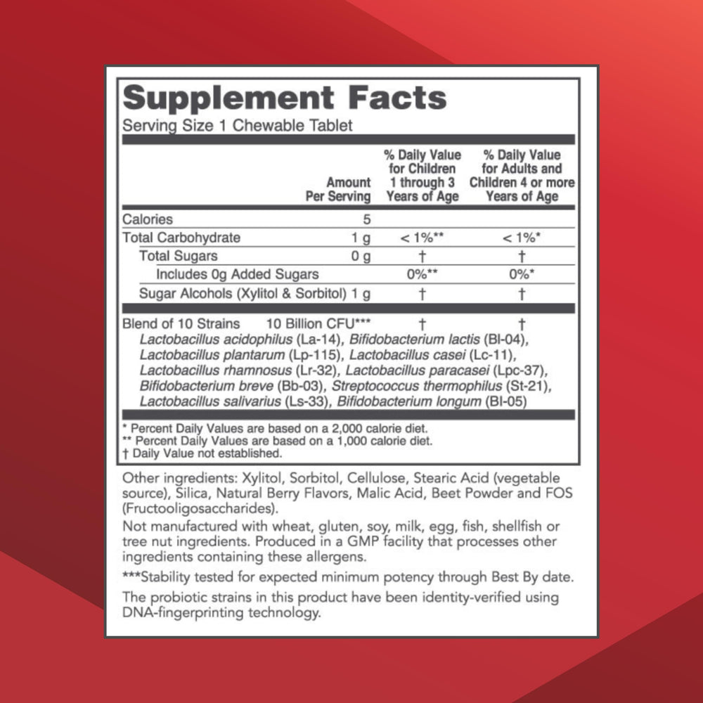 Proto Dophilus chewable tablet closeup highlighting tasty texture and convenient daily use