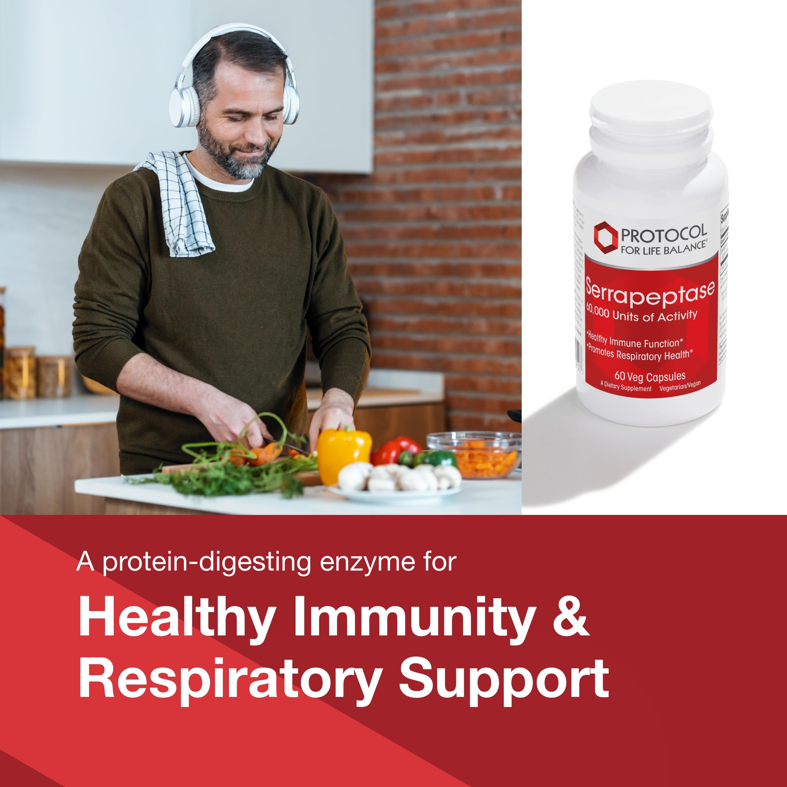 Protocol for Life Balance Serrapeptase capsules closeup highlights 60,000 U per capsule.