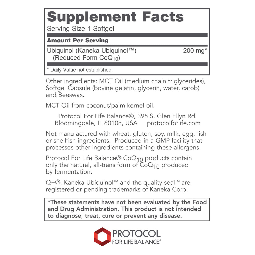 Protocol For Life Balance ubiquinol softgels close-up highlighting easy-to-swallow capsules