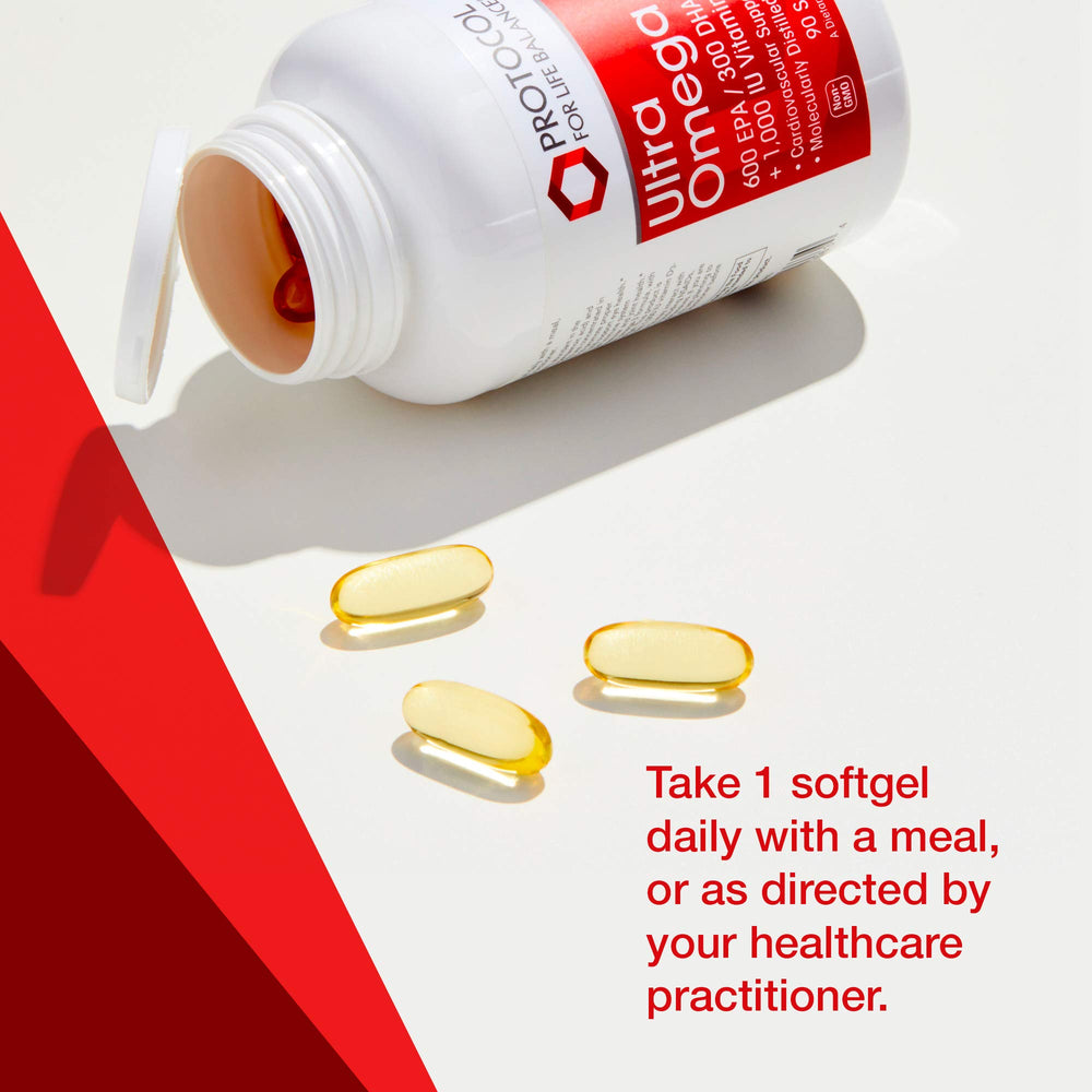 PROTOCOL FOR LIFE BALANCE Ultra Omega 3-D daily softgel dose guide for meals