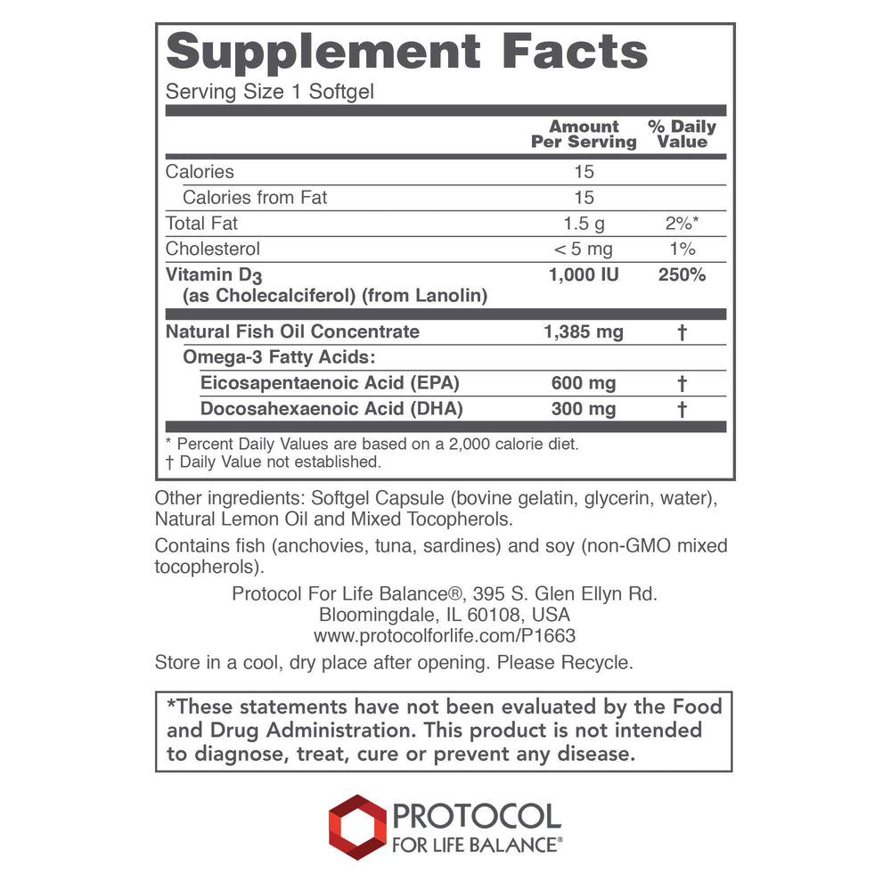 PROTOCOL FOR LIFE BALANCE Ultra Omega 3-D bottle highlights EPA DHA content for heart and brain support
