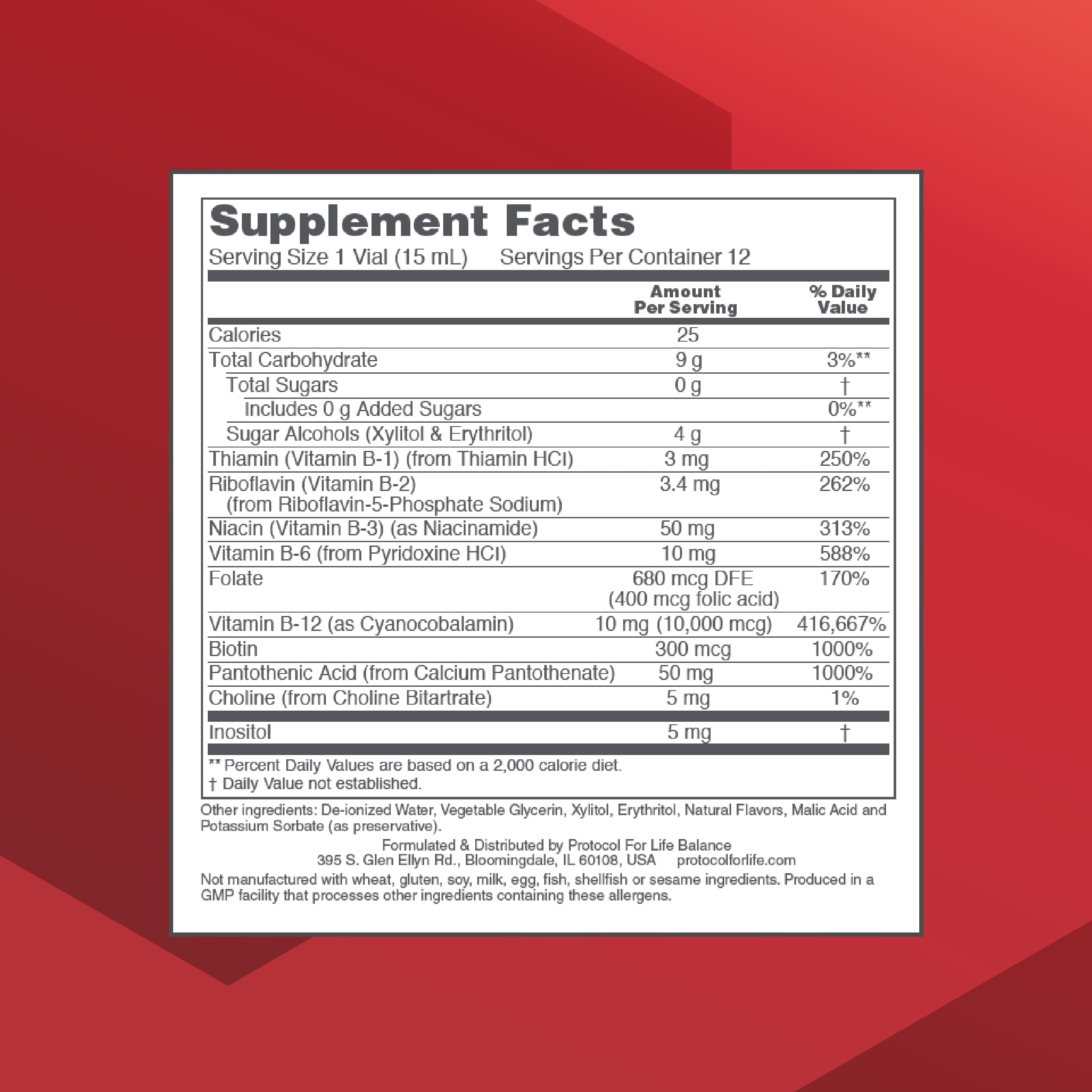 Protocol For Life Balance Nutri-Dose B-12 label close-up highlighting full-spectrum B vitamins.