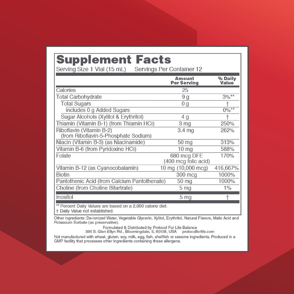 Protocol For Life Balance Nutri-Dose B-12 label close-up highlighting full-spectrum B vitamins.