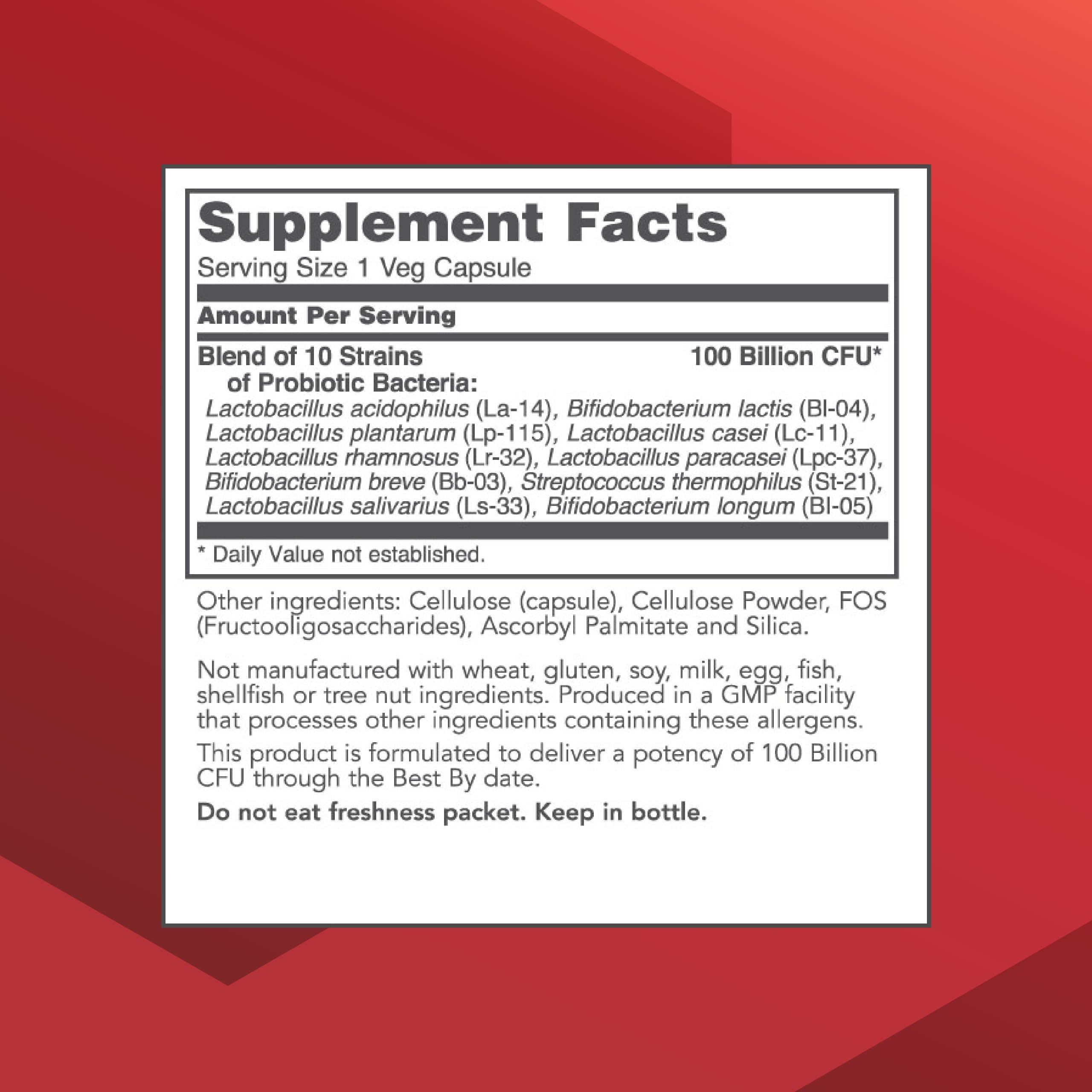 ProtoDophilus 100 Billion capsules close-up shows ten probiotic strains.