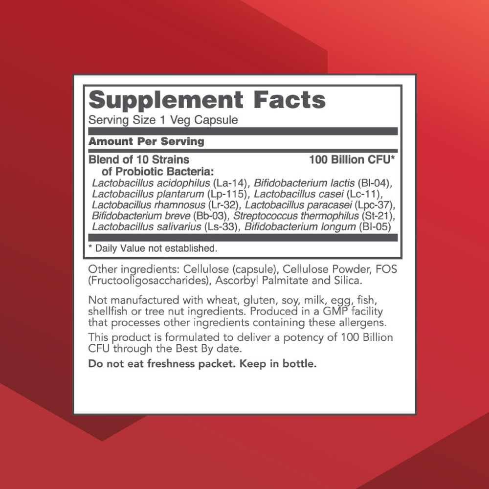 ProtoDophilus 100 Billion capsules close-up shows ten probiotic strains.