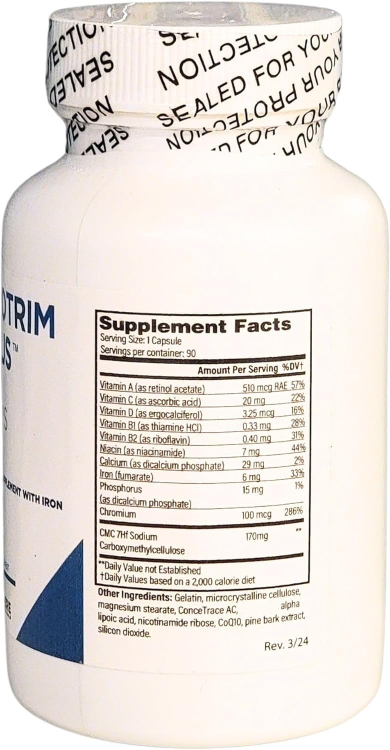 ProTrima Plus bottle label highlights vitamins and minerals for daily nutrient support.