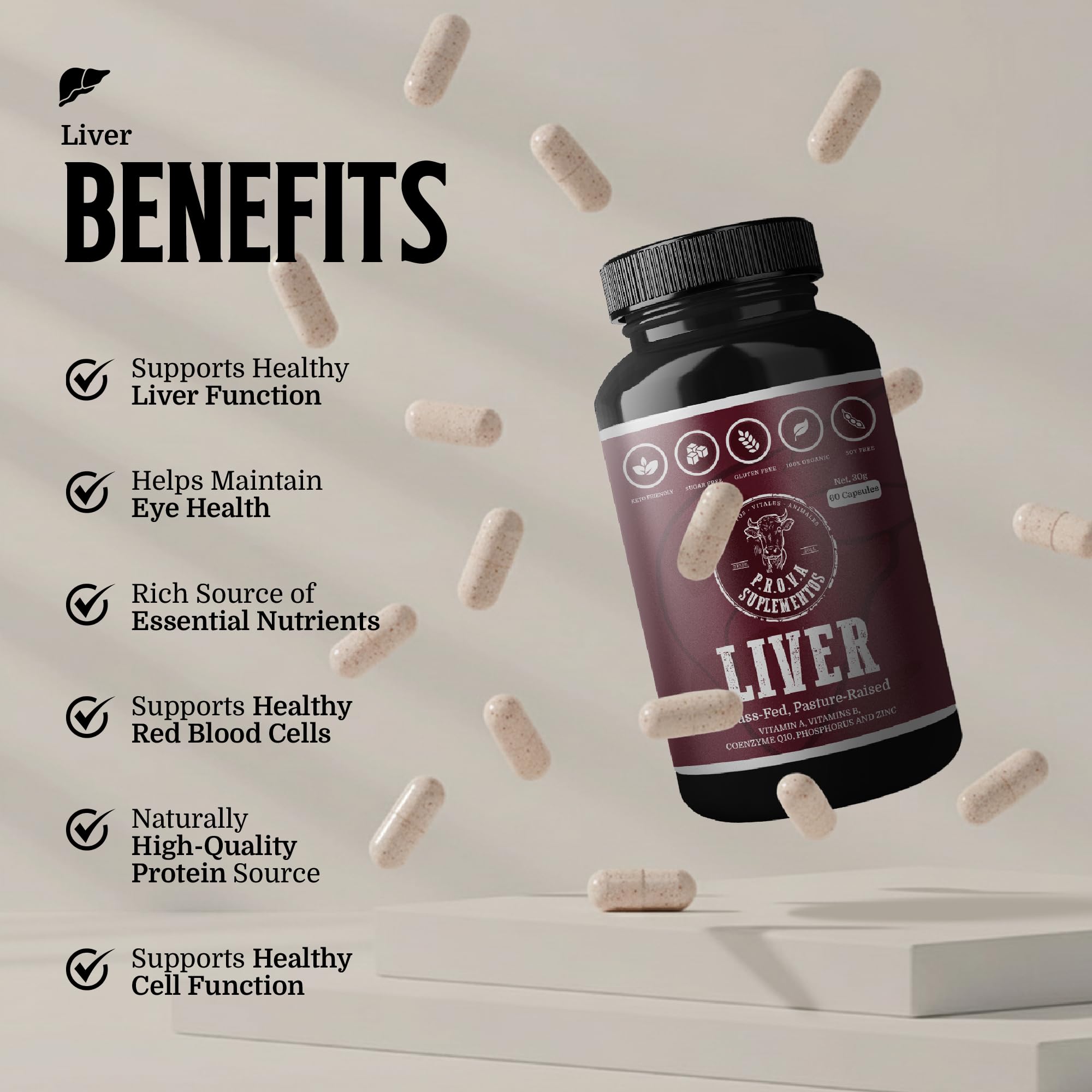 Freeze-dried nutrients from PROVA with CoQ10 and vitamins on display.