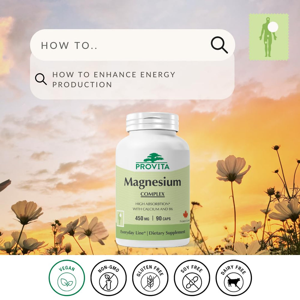 PROVITA Magnesium Complex capsules close-up, easy-to-swallow daily use.
