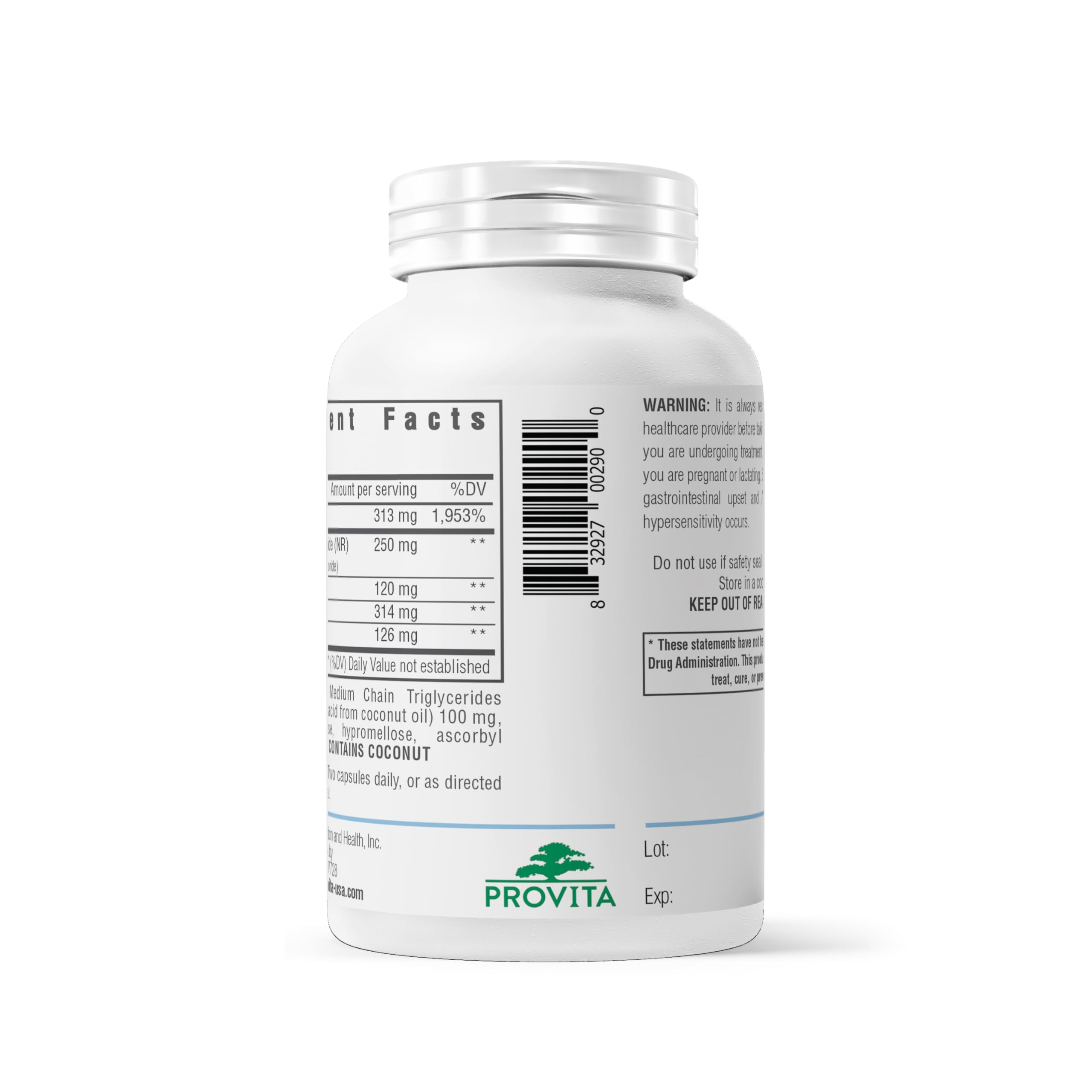 PROVITA Nadogen label closeup, highlighting vegan status and circadian balance benefits.