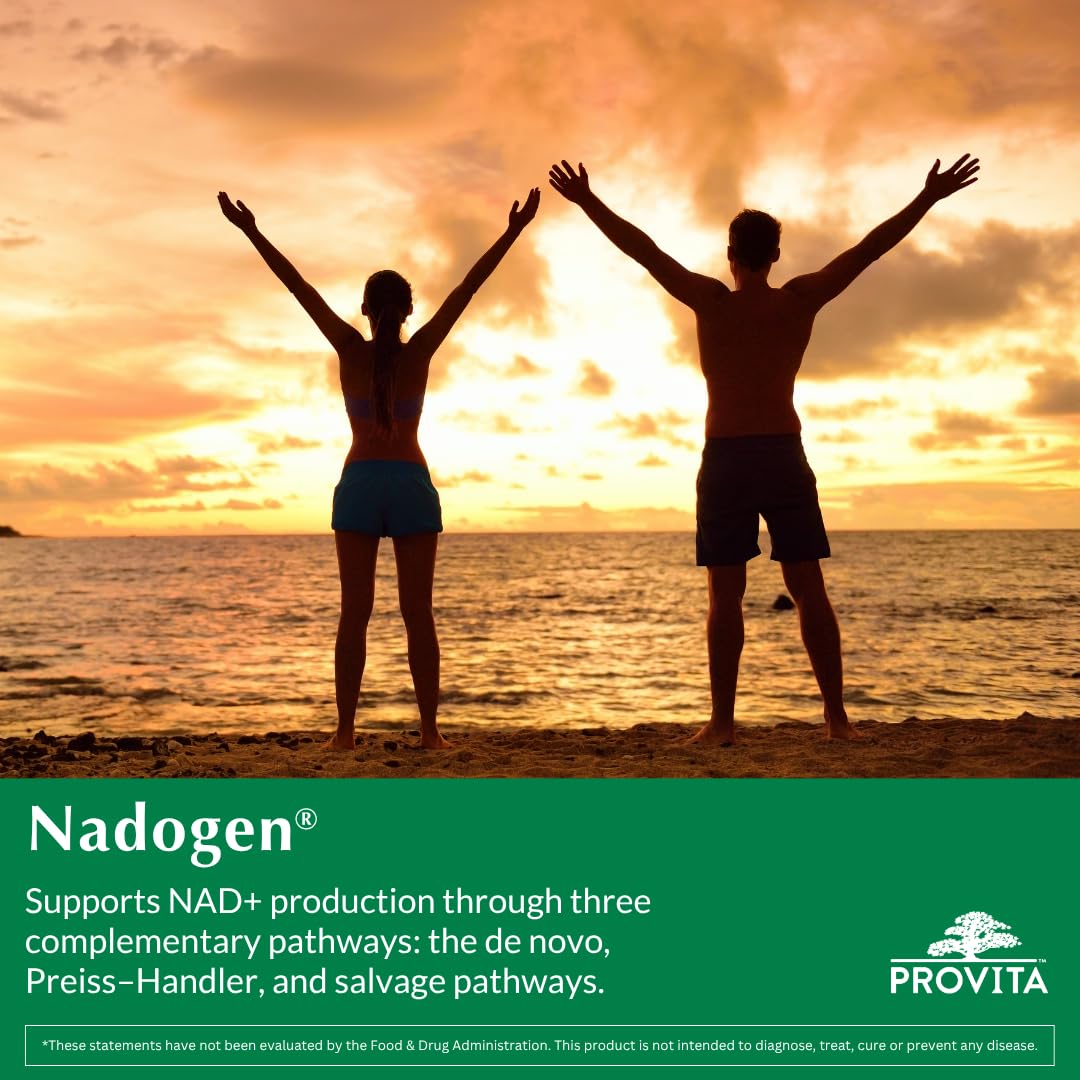 PROVITA Nadogen packaging label closeup, vegan and non-GMO formulation details.