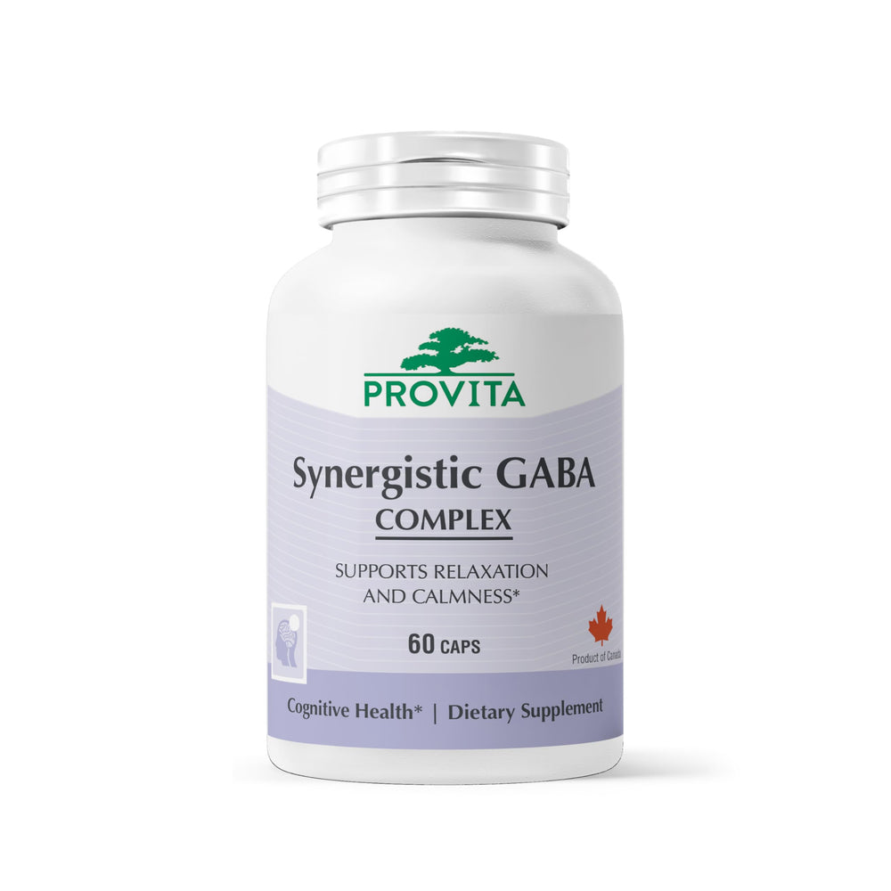 PROVITA Synergistic GABA bottle close-up promotes calm focus and daily stress support.