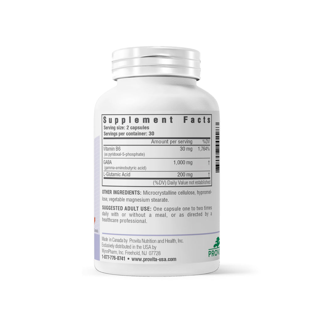PROVITA Synergistic GABA capsules close-up highlights vegan formula and mood support.