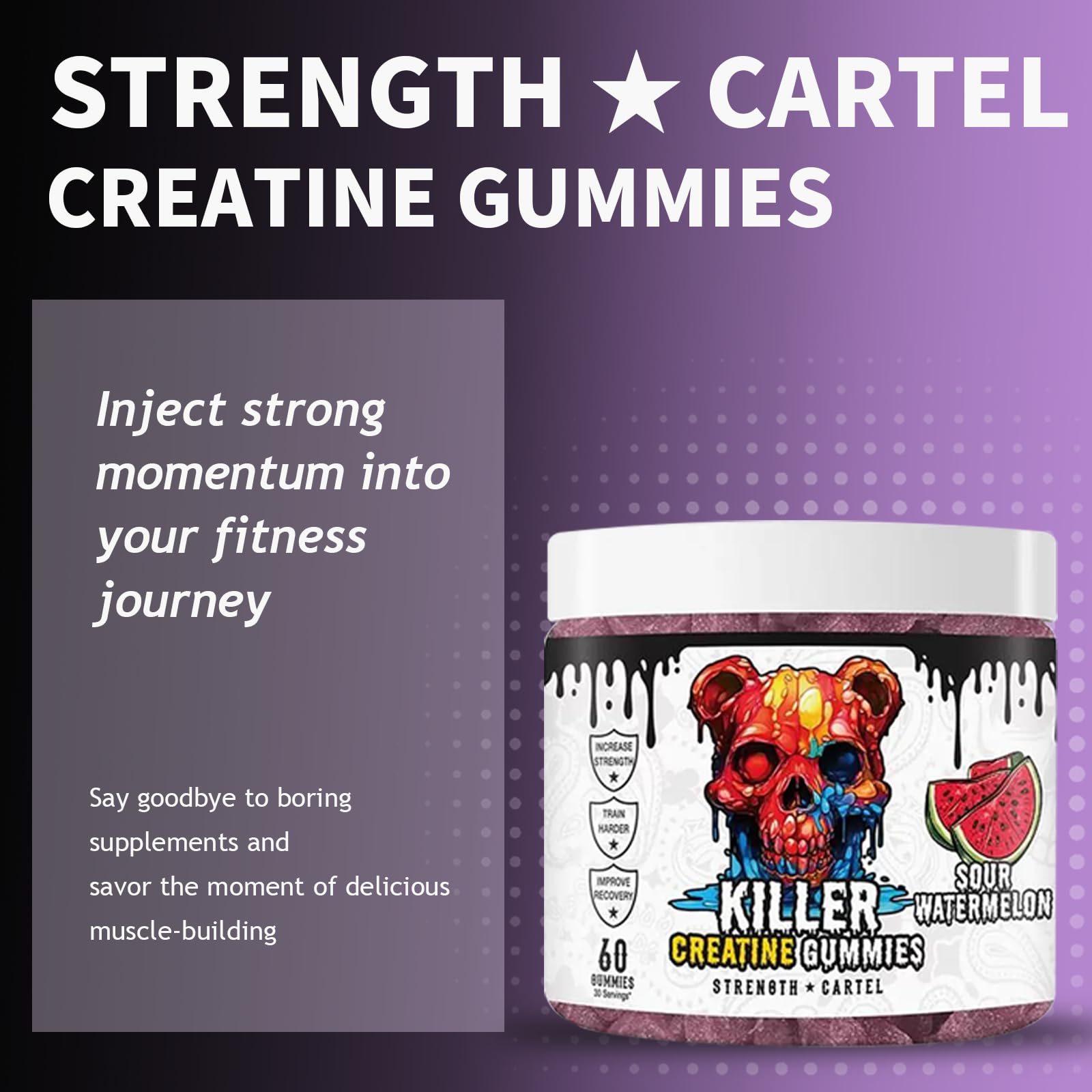 PROZENITH Cartel Killer Creatine Gummies on shelf, tasty addition to strength routines.