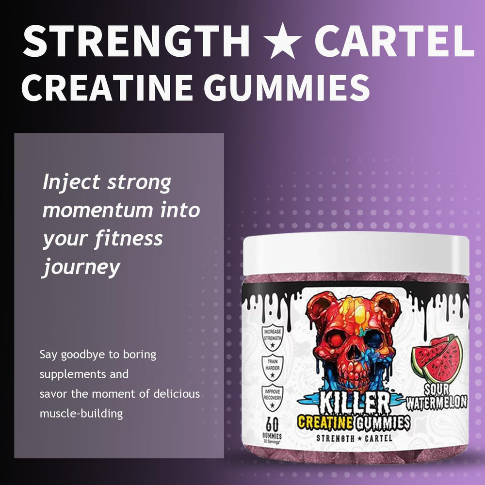 PROZENITH Cartel Killer Creatine Gummies on shelf, tasty addition to strength routines.