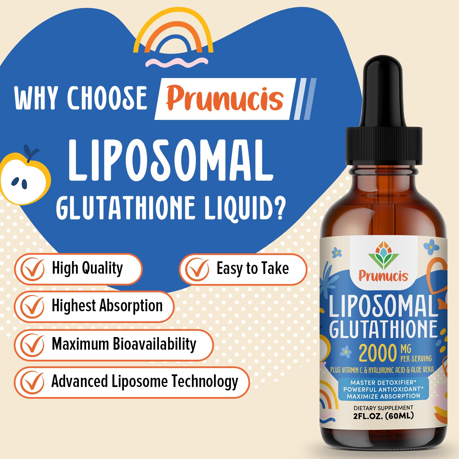Prunucis liposomal glutathione ingredients panel features Vitamin C, Aloe Vera Oil, and Hyaluronic Acid