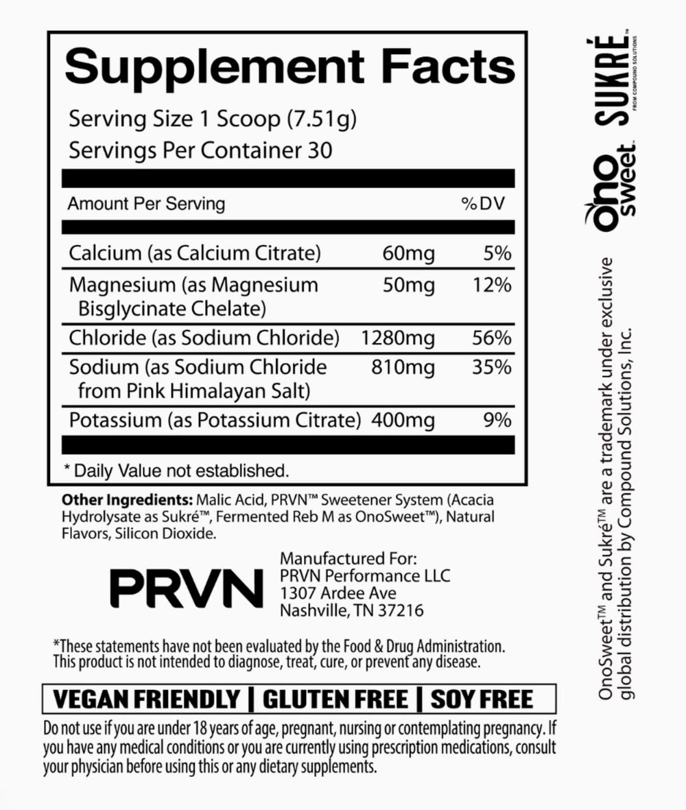 PRVN Hydration+ electrolyte balance icons showcase essential minerals for balanced hydration.