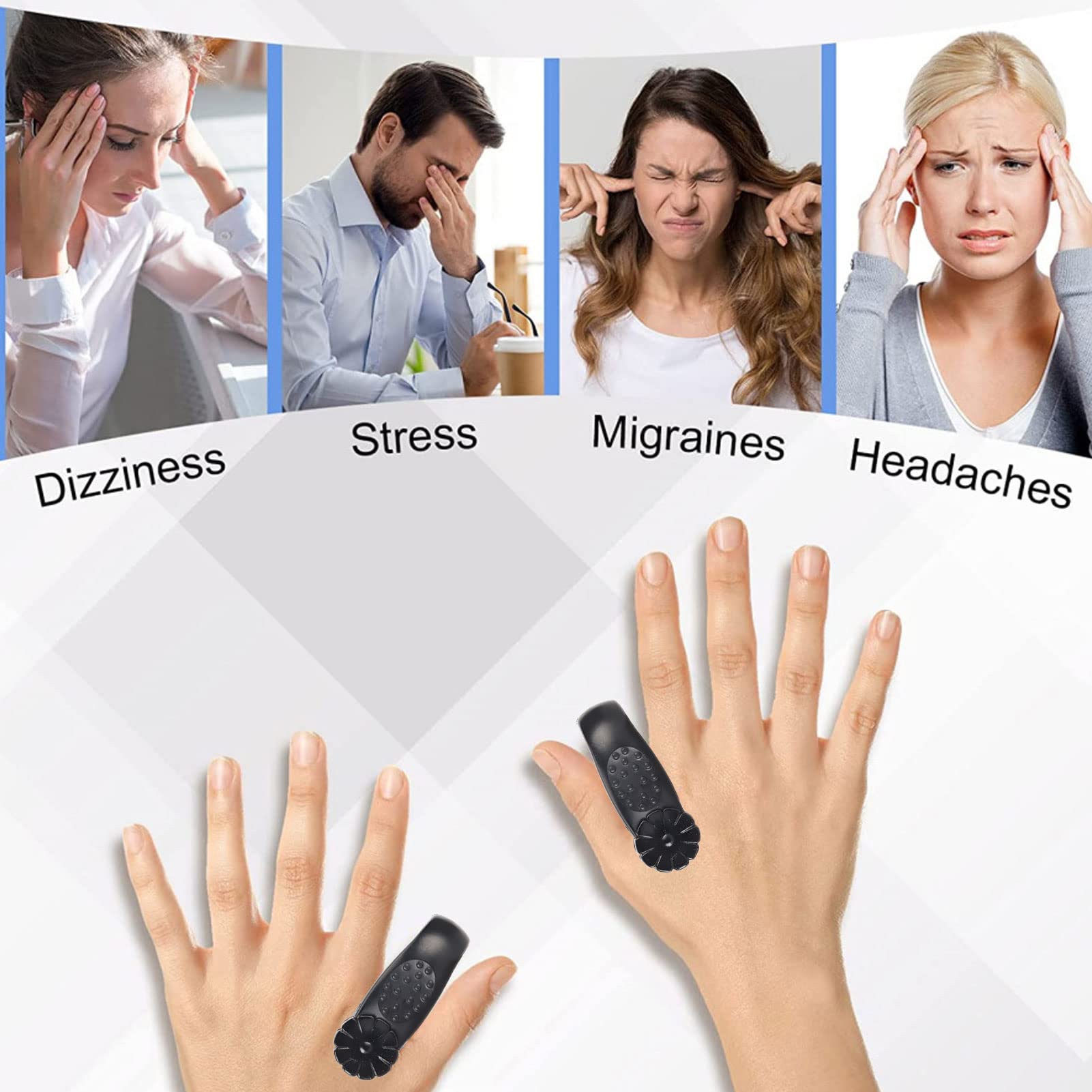 Pssopp rings worn on hand demonstrating wearable acupressure for finger comfort.