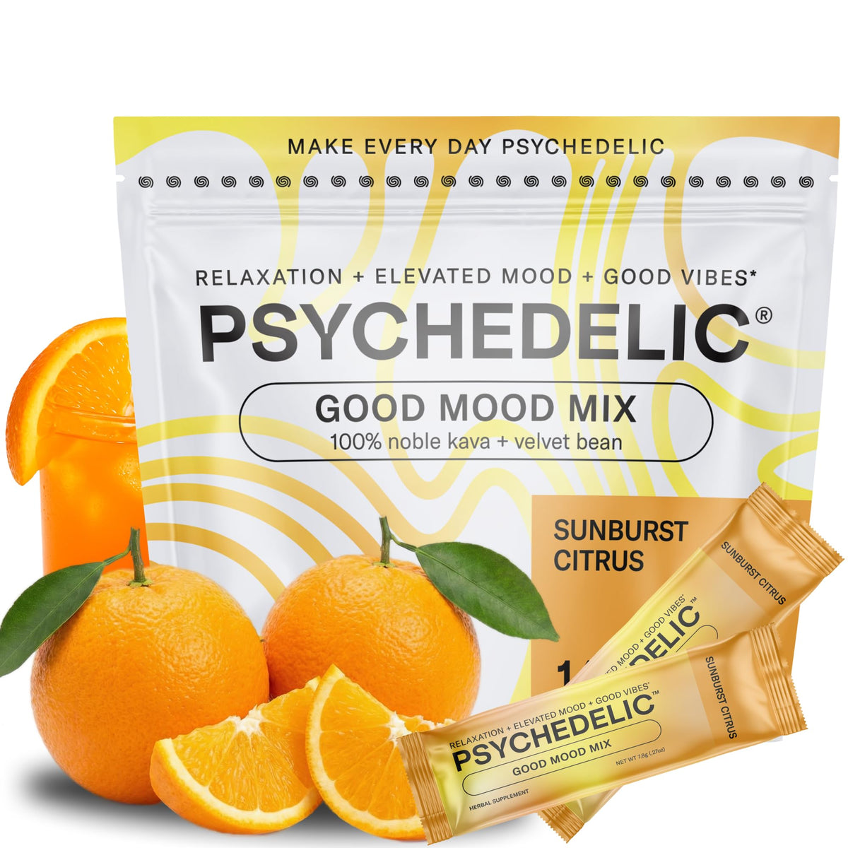 Psychedelic Water Calming Kava Drink Mix bottle with sunburst citrus for relaxation